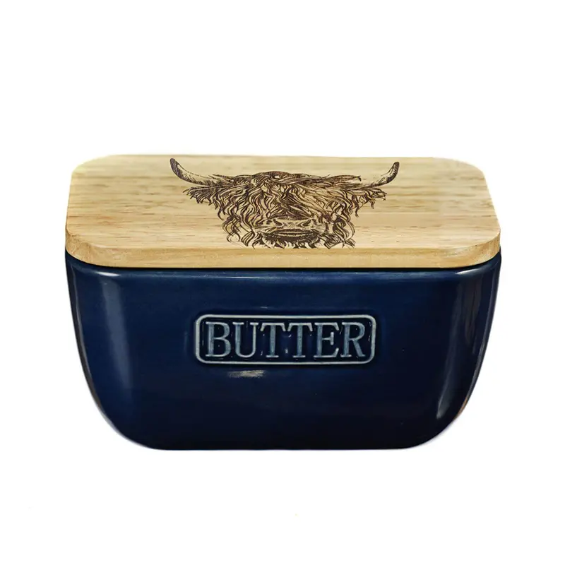 Selbrae House Blue Ceramic Butter Dish – Highland Cow Style 1