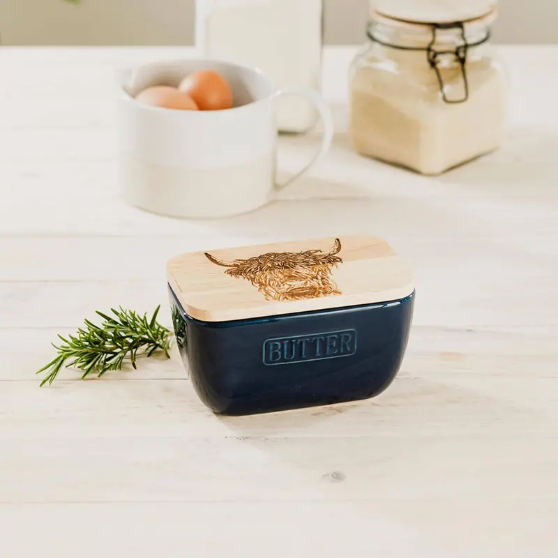 Selbrae House Blue Ceramic Butter Dish – Highland Cow Style 2