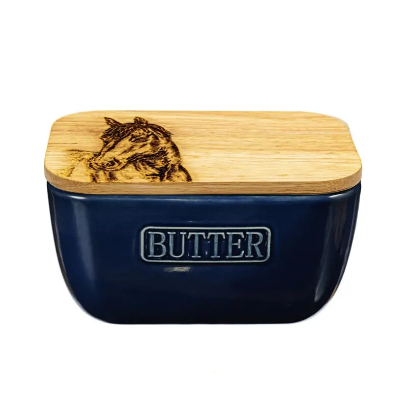 Selbrae House Blue Ceramic Butter Dish – Horse Illustration 1